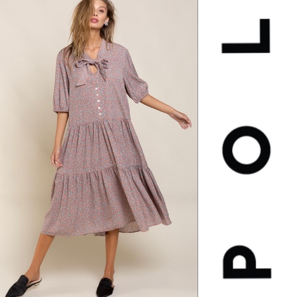 POL Ditsy Flower Red Bean MIDI Dress - Picture 2 of 8